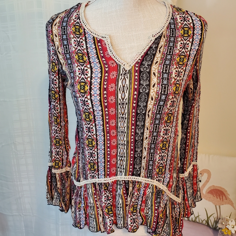 Living Doll boho pheasant shirt bell sleeve S